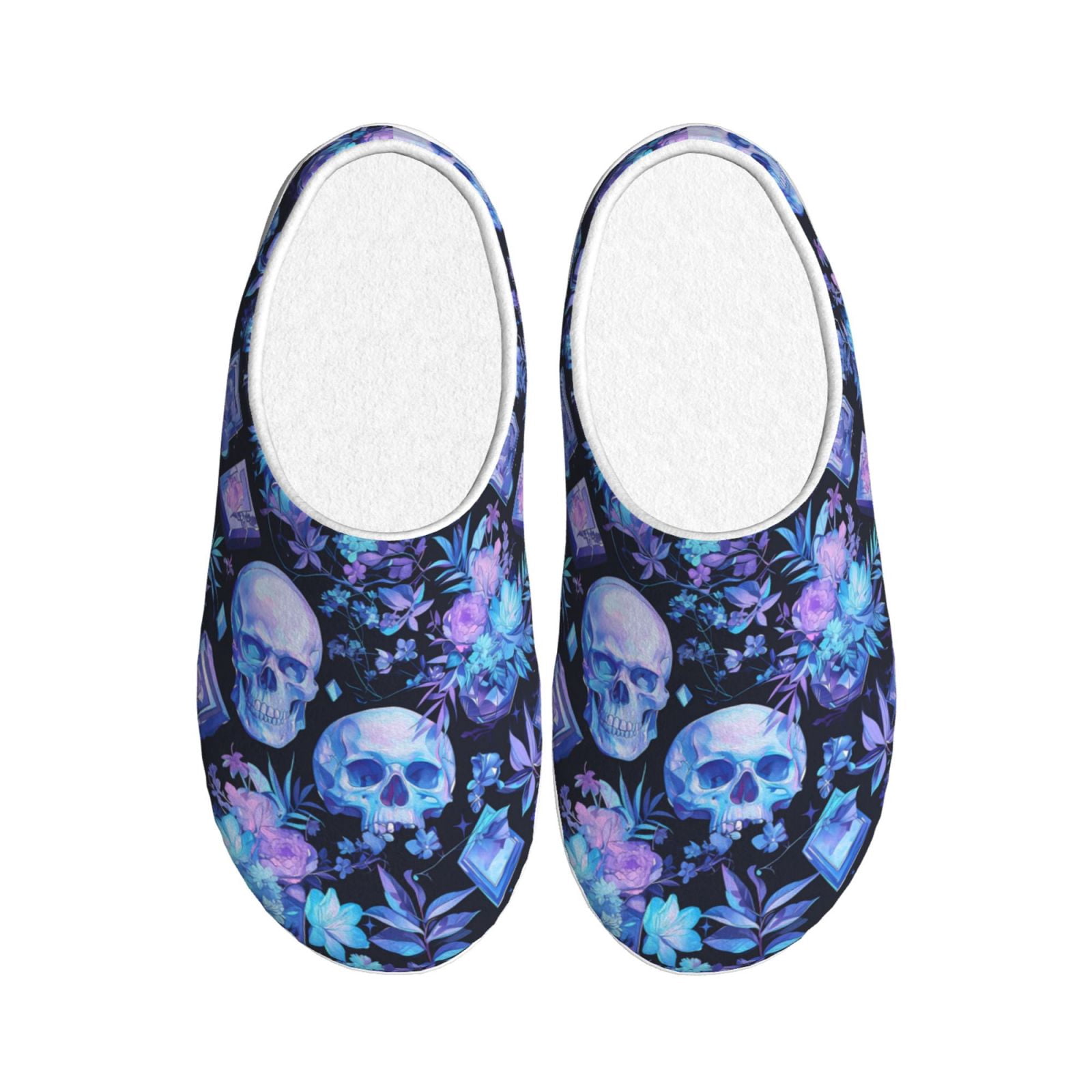 Slippers Blue Pattern Fotbe Skull blue crystal flower Pattern Women's Fuzzy Curly Fur Memory ...