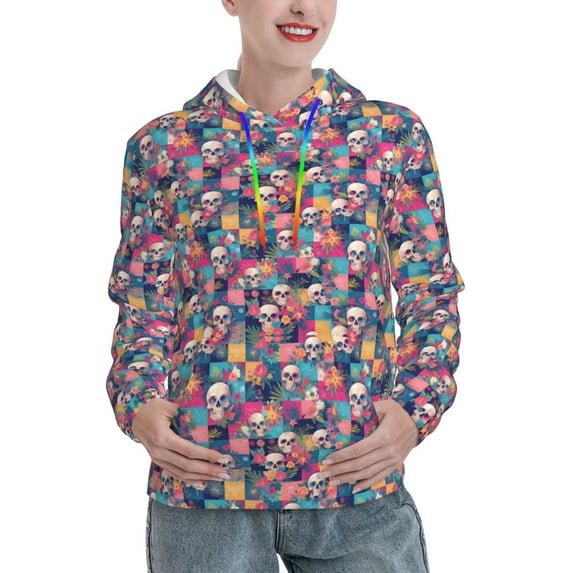 Fotbe Skull flower leaf Plaid Pattern Womens Long Sleeve Hoodie, Pullover Hooded Sweatshirt, Kangaroo Pocket Hoodie with Eye-catching Drawstrings-Medium