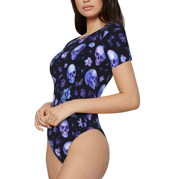 Fotbe Skull flower leaf purple Women's Crew Neck Short Sleeves Bodysuit Tops Round Neck Slim Sleeveless Soft Comfortable Basic-Medium