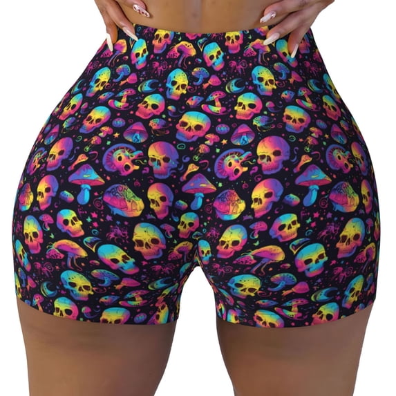 Fotbe Skull mushroom rainbow color Seamless Shorts, Womens Workout Shorts High Waist Stretch Booty Short for Gym/Yoga/Running/Biking-Small
