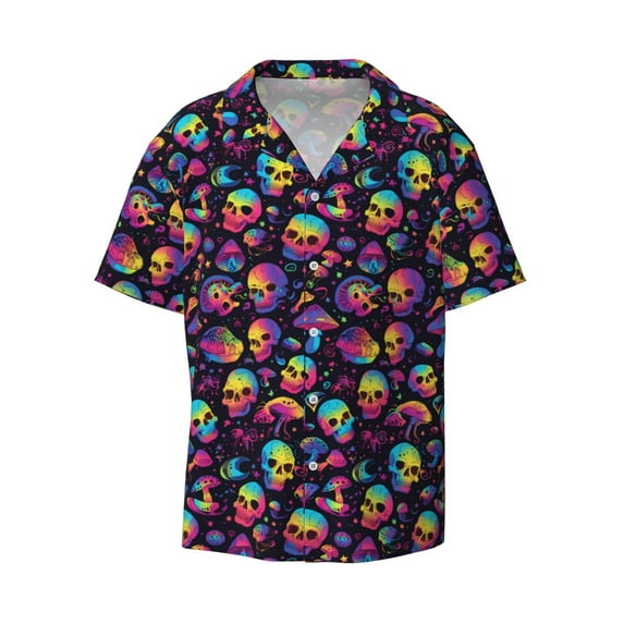 Fotbe Skull mushroom rainbow color print Short Sleeve Button Down Shirts for Men Casual Summer Beach Wrinkle Free Shirt-X-Large