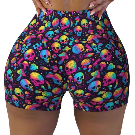 Fotbe Skull rainbow color mushroom Seamless Shorts, Womens Workout Shorts High Waist Stretch Booty Short for Gym/Yoga/Running/Biking-Small