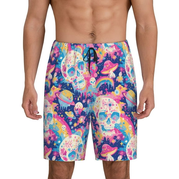 Fotbe Skull rainbow color space Pajama Shorts for Men, Men's Pajama Bottoms, Sleepwear,Short Pajama Pants-Medium