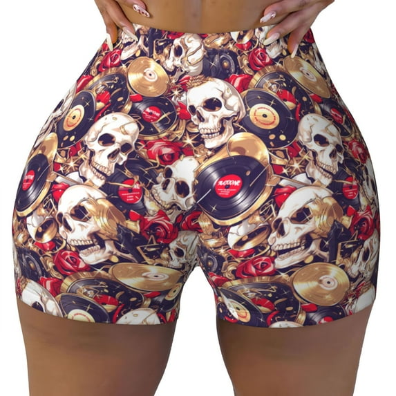 Fotbe Skull record artist Seamless Shorts, Womens Workout Shorts High Waist Stretch Booty Short for Gym/Yoga/Running/Biking-Small