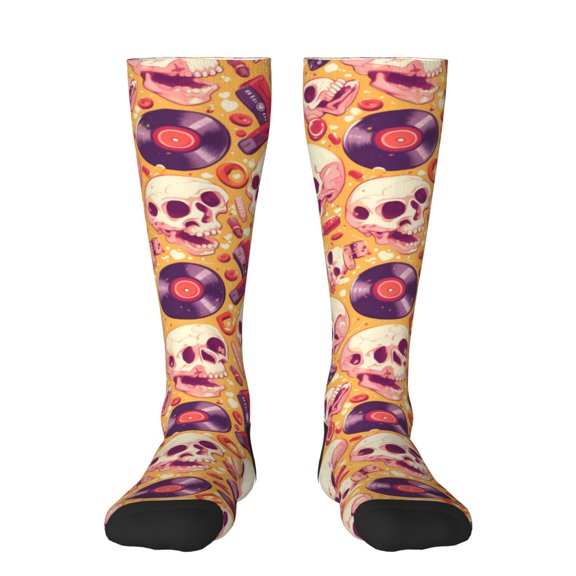 Fotbe Skull rock record print Women's Men's Novelty Crew Socks Cotton Socks Knee High Socks for Walking,Running,Nurses,Pregnancy