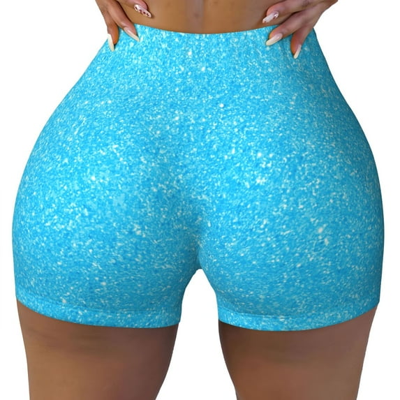 Fotbe Sky Blue Glitter Seamless Shorts, Womens Workout Shorts High Waist Stretch Booty Short for Gym/Yoga/Running/Biking-XX-Large