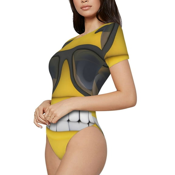 Fotbe Smiling With Sunglasses Women's Crew Neck Short Sleeves Bodysuit Tops Round Neck Slim Sleeveless Soft Comfortable Basic-Medium