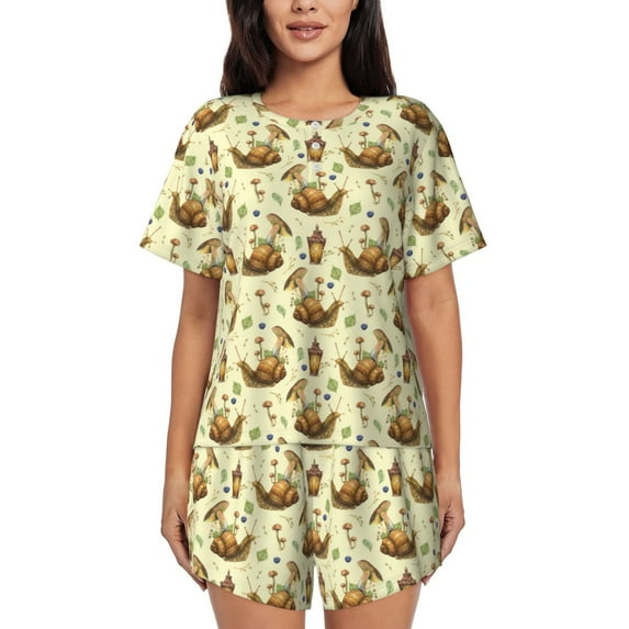 Fotbe Snail With Mushrooms Print Pajama Set for Women 2 Piece Loungewear Short Sleeve Tops and Shorts Set Soft Sleepwear-Medium