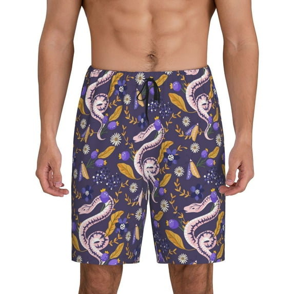 Fotbe Snake And Floral Pajama Shorts for Men, Men's Pajama Bottoms, Sleepwear,Short Pajama Pants-Large