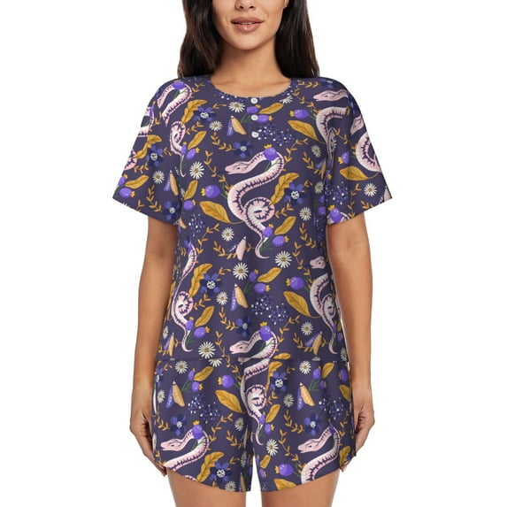 Fotbe Snake And Floral Print Pajama Set for Women 2 Piece Loungewear Short Sleeve Tops and Shorts Set Soft Sleepwear-4X-Large