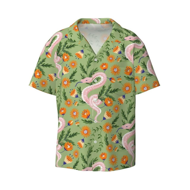 Fotbe Snake And Floral print Short Sleeve Button Down Shirts for Men