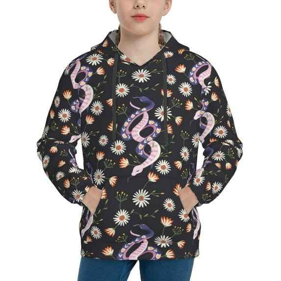 Fotbe Snake And Floral1 Pattern Youth Pullover Hooded Sweatshirt, Boys Hoodie, Kangaroo Pocket Hoodie for Kids Girls -Medium
