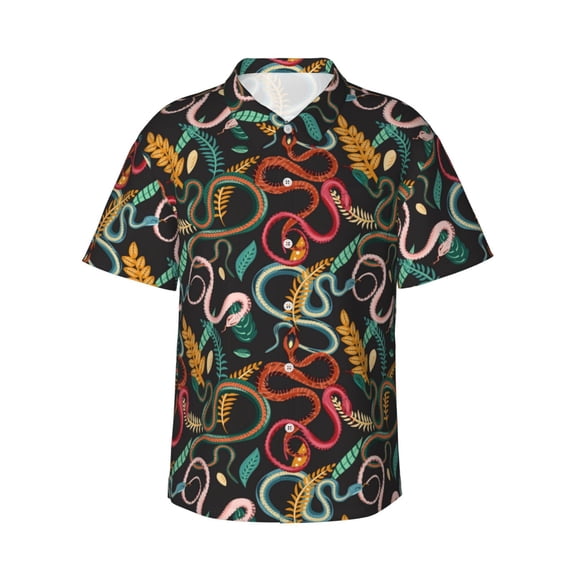 Fotbe Snake And Flower Hawaiian Shirt for Men Unisex Summer Beach Casual Short Sleeve Cotton Linen Button Down Shirts-XX-Large