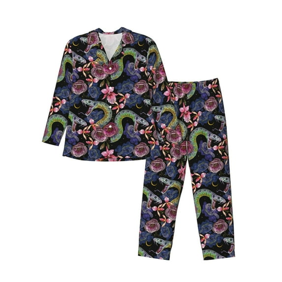 Fotbe Snake And Flower Pattern Long Sleeve Pajama Set for Men,Sleepwear Set,2-piece Loungewear Set,Soft PJs Comfy Nightwear with Pockets-Medium