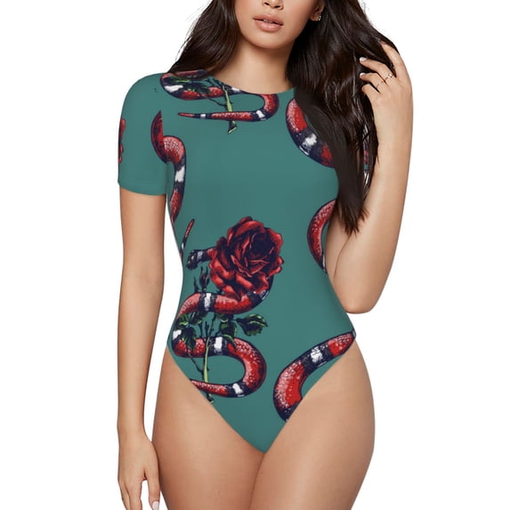 Fotbe Snake And Rose Women's Crew Neck Short Sleeves Bodysuit Tops Round Neck Slim Sleeveless Soft Comfortable Basic-X-Large