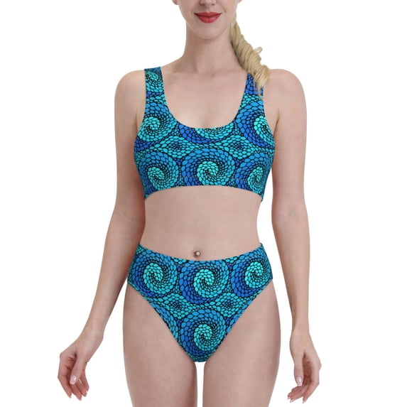 Fotbe Snake Women's High Waisted Bikini Tankini Sets Two Piece Bathing Suits High Cut Scoop Neck Swimsuit-Large