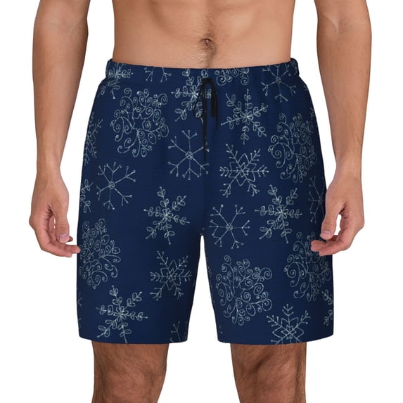 Fotbe Snowflake Dark Blue Men’s Swim Trunks Quick Dry Swim Shorts Board Shorts with Mesh Lining-Large