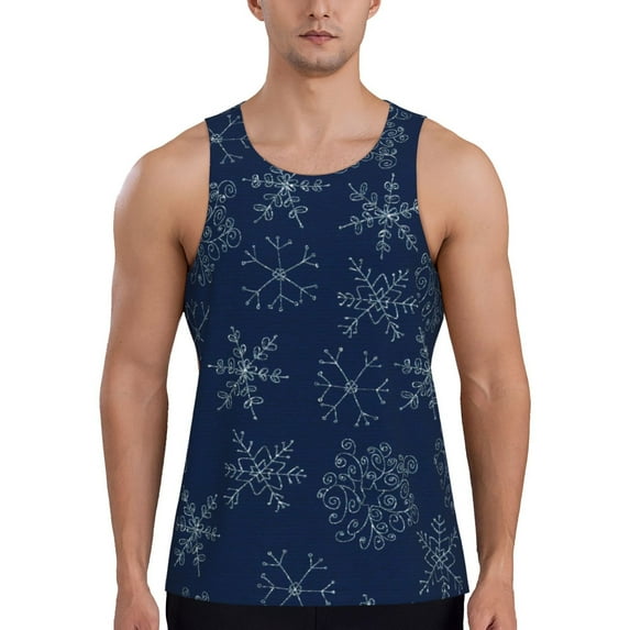 Fotbe Snowflake Dark Blue Pattern Men's Quick Dry Workout Tank Top Gym Muscle Tee Fitness Bodybuilding Sleeveless T Shirt Breathable Workout Shirt-