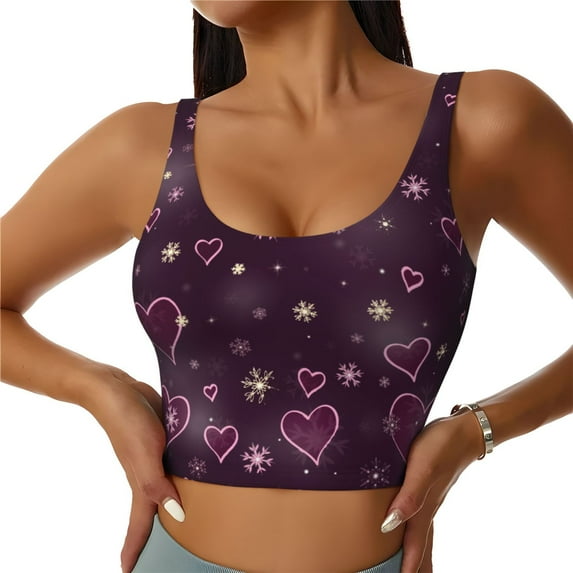 Fotbe Snowflakes and Hearts Pattern Womens' Sports Bra Longline Wirefree Padded with Medium Support Sports Moisture-Wicking Workou Vest,Tank Top-Small