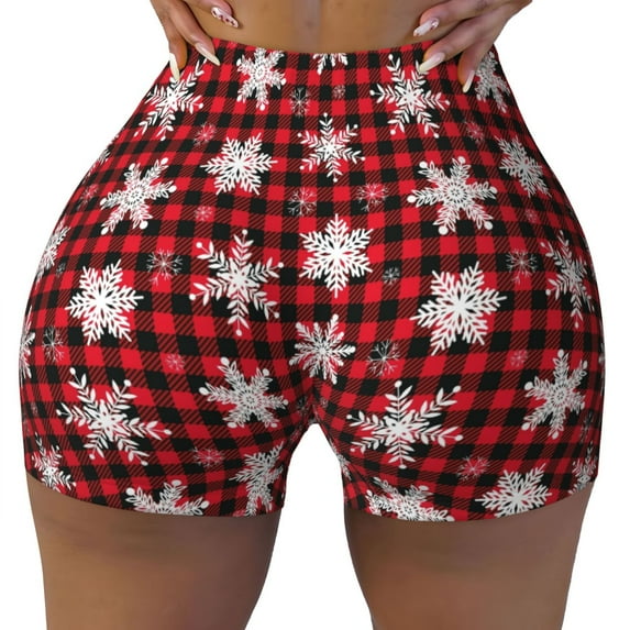Fotbe Snowflakes On A Buffalo Plaid Christmas Seamless Shorts, Womens Workout Shorts High Waist Stretch Booty Short for Gym/Yoga/Running/Biking-