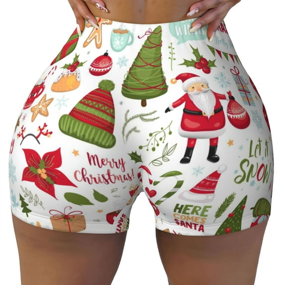 Fotbe Snowflakes Santa Claus Seamless Shorts, Womens Workout Shorts High Waist Stretch Booty Short for Gym/Yoga/Running/Biking-XX-Large