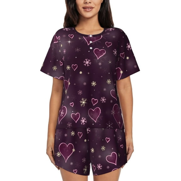 Fotbe Snowflakes and Hearts Print Pajama Set for Women 2 Piece Loungewear Short Sleeve Tops and Shorts Set Soft Sleepwear-Large