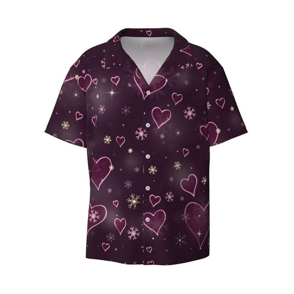 Fotbe Snowflakes and Hearts print Short Sleeve Button Down Shirts for Men Casual Summer Beach Wrinkle Free Shirt-Small