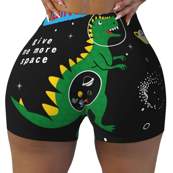 Fotbe Space Dino Cartoon Black Seamless Shorts, Womens Workout Shorts High Waist Stretch Booty Short for Gym/Yoga/Running/Biking-Small
