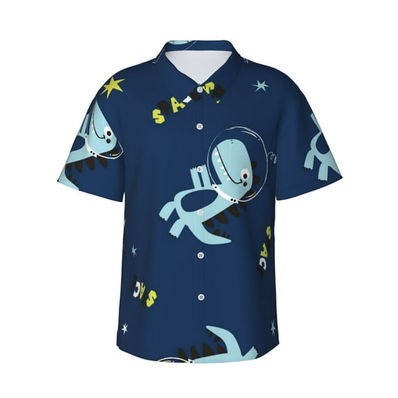 Fotbe Space Dinosaur Hawaiian Shirt For Men Unisex Summer Beach Casual Short Sleeve Cotton Linen Button Down Shirts-X-Large