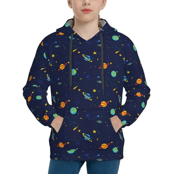 Fotbe Space Galaxy Pattern Youth Pullover Hooded Sweatshirt, Boys Hoodie, Kangaroo Pocket Hoodie for Kids Girls -Medium