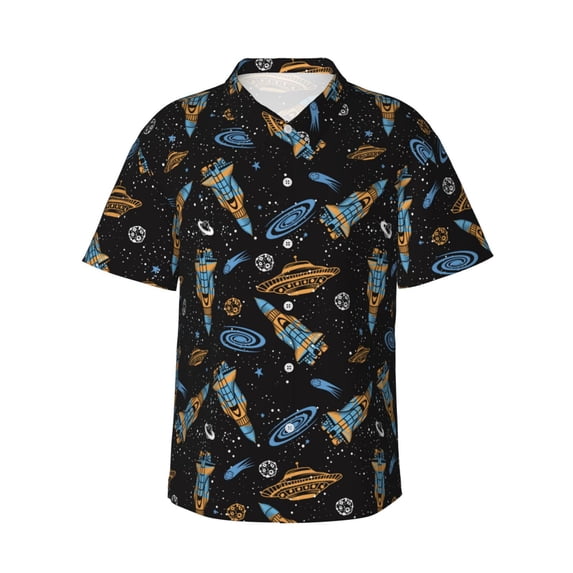 Fotbe Space Rocket Hawaiian Shirt for Men Unisex Summer Beach Casual Short Sleeve Cotton Linen Button Down Shirts-Large
