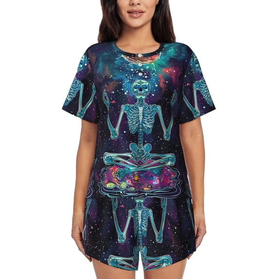 Fotbe Space Skeleton Meditation Print Pajama Set for Women 2 Piece Loungewear Short Sleeve Tops and Shorts Set Soft Sleepwear-3X-Large