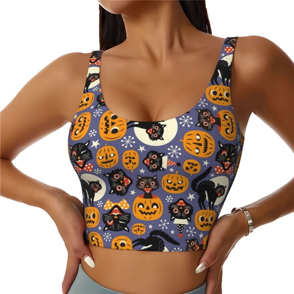 Fotbe Spooky Cats And Halloween Pumpkins Pattern Womens' Sports Bra Longline Wirefree Padded with Medium Support Sports Moisture-Wicking Workou Vest,Tank Top-XX-Large
