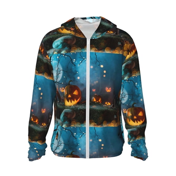 Fotbe Spooky Halloween Men's Women's UPF 50+ Sun Protection Jacket Hooded Cooling Shirt with Pockets Hiking Outdoor Performance-Medium