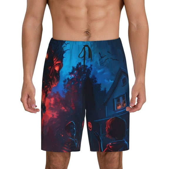 Fotbe Spooky Halloween Night Scene Pajama Shorts for Men, Men's Pajama Bottoms, Sleepwear,Short Pajama Pants-Large