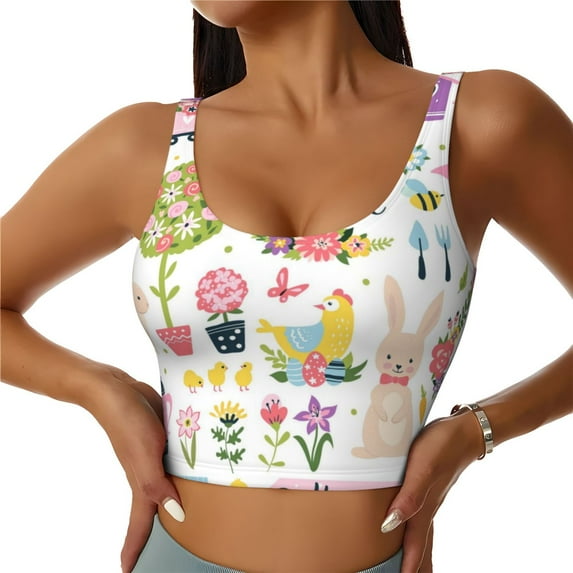 Fotbe Spring Flowers Birds Pattern Womens' Sports Bra Longline Wirefree Padded with Medium Support Sports Moisture-Wicking Workou Vest,Tank Top-XX-Large