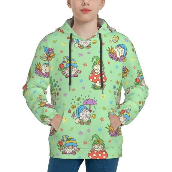 Fotbe Spring Gnome Pattern Youth Pullover Hooded Sweatshirt, Boys Hoodie, Kangaroo Pocket Hoodie for Kids Girls -X-Large