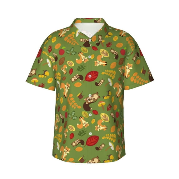 Fotbe Squirrel And Fox In The Forest Hawaiian Shirt for Men Unisex Summer Beach Casual Short Sleeve Cotton Linen Button Down Shirts-Large