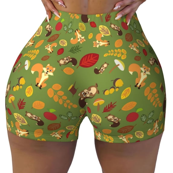 Fotbe Squirrel And Fox In The Forest Seamless Shorts, Womens Workout Shorts High Waist Stretch Booty Short for Gym/Yoga/Running/Biking-Large