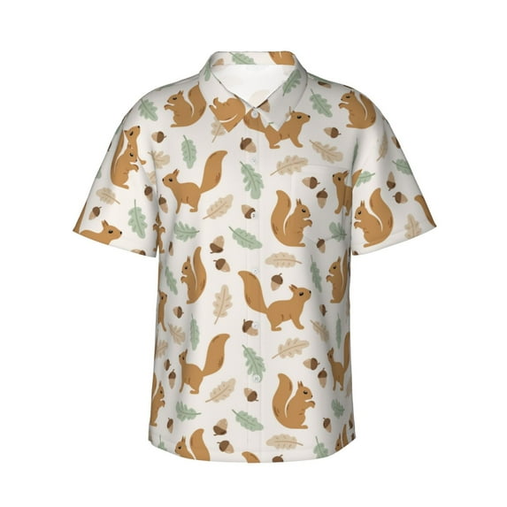 Fotbe Squirrel And Leaves Hawaiian Shirt for Men Unisex Summer Beach Casual Short Sleeve Cotton Linen Button Down Shirts-Medium