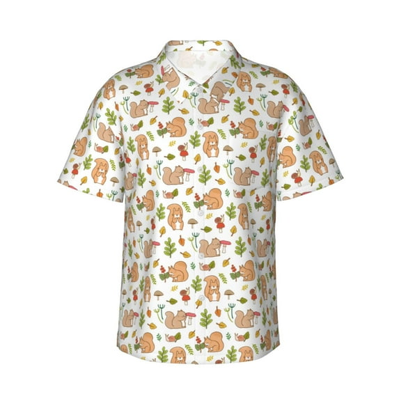 Fotbe Squirrel And Mushroom Hawaiian Shirt for Men Unisex Summer Beach Casual Short Sleeve Cotton Linen Button Down Shirts-X-Large