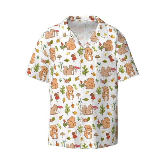 Fotbe Squirrel And Mushroom print Short Sleeve Button Down Shirts for Men Casual Summer Beach Wrinkle Free Shirt-X-Large