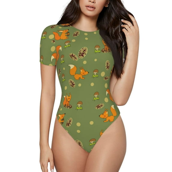 Fotbe Squirrel And Nuts Women's Crew Neck Short Sleeves Bodysuit Tops Round Neck Slim Sleeveless Soft Comfortable Basic-Large