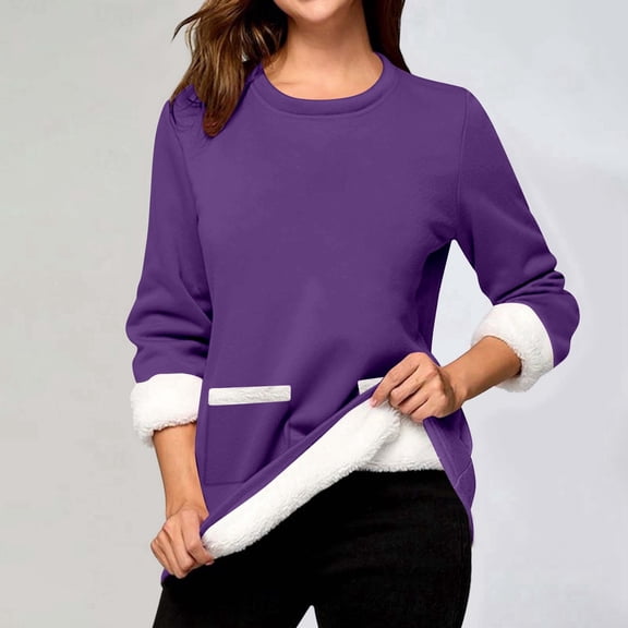 Women's Long Sleeve Round Neck Pocket Solid Color Pullover Sweatshirt With Thick Warm Shirt Winter Top Distressed Sweatshirt Jacket Athletic Jacket Full Zip Ladies Sweat Outfits Hoodies Women Zipper