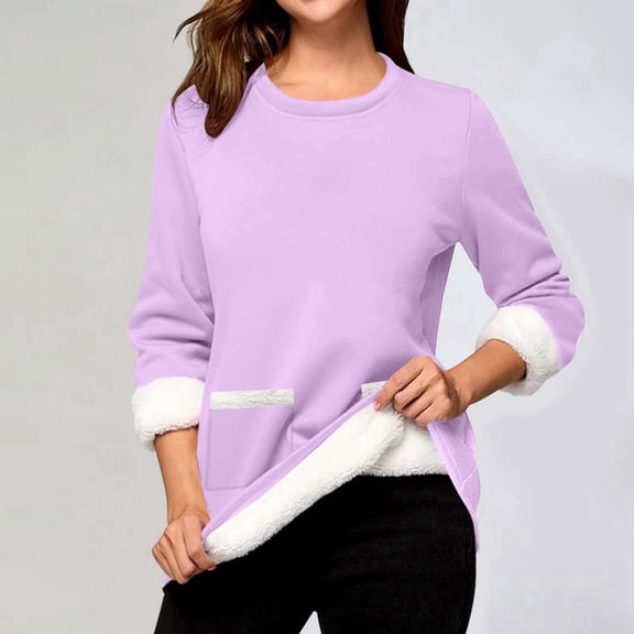 Women's Long Sleeve Round Neck Pocket Solid Color Pullover Sweatshirt With Thick Warm Shirt Winter Top Distressed Sweatshirt Jacket Athletic Jacket Full Zip Ladies Sweat Outfits Hoodies Women Zipper