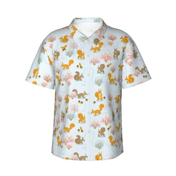 Fotbe Squirrel In The Forest Hawaiian Shirt for Men Unisex Summer Beach Casual Short Sleeve Cotton Linen Button Down Shirts-Small