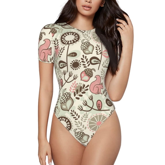 Fotbe Squirrel In The Forest Women's Crew Neck Short Sleeves Bodysuit Tops Round Neck Slim Sleeveless Soft Comfortable Basic-Medium