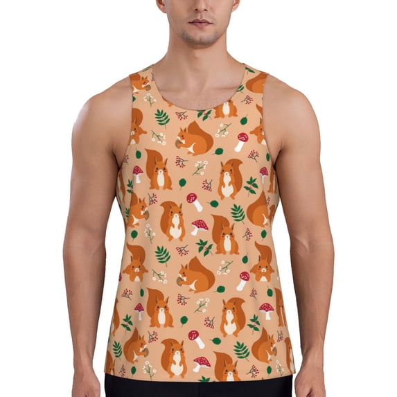 Fotbe Squirrel And Mushroom Pattern Men's Quick Dry Workout Tank Top Gym Muscle Tee Fitness Bodybuilding Sleeveless T Shirt Breathable Workout Shirt-Medium