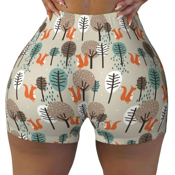 Fotbe Squirrels and Trees Seamless Shorts, Womens Workout Shorts High Waist Stretch Booty Short for Gym/Yoga/Running/Biking-Medium