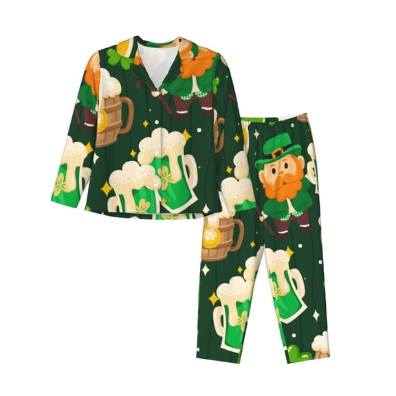Fotbe St Patrick's Day10 Pattern Long Sleeve Pajama Set for Women,Sleepwear Set,2-piece Loungewear Set,Soft PJs Comfy Nightwear with Pockets -X-Large